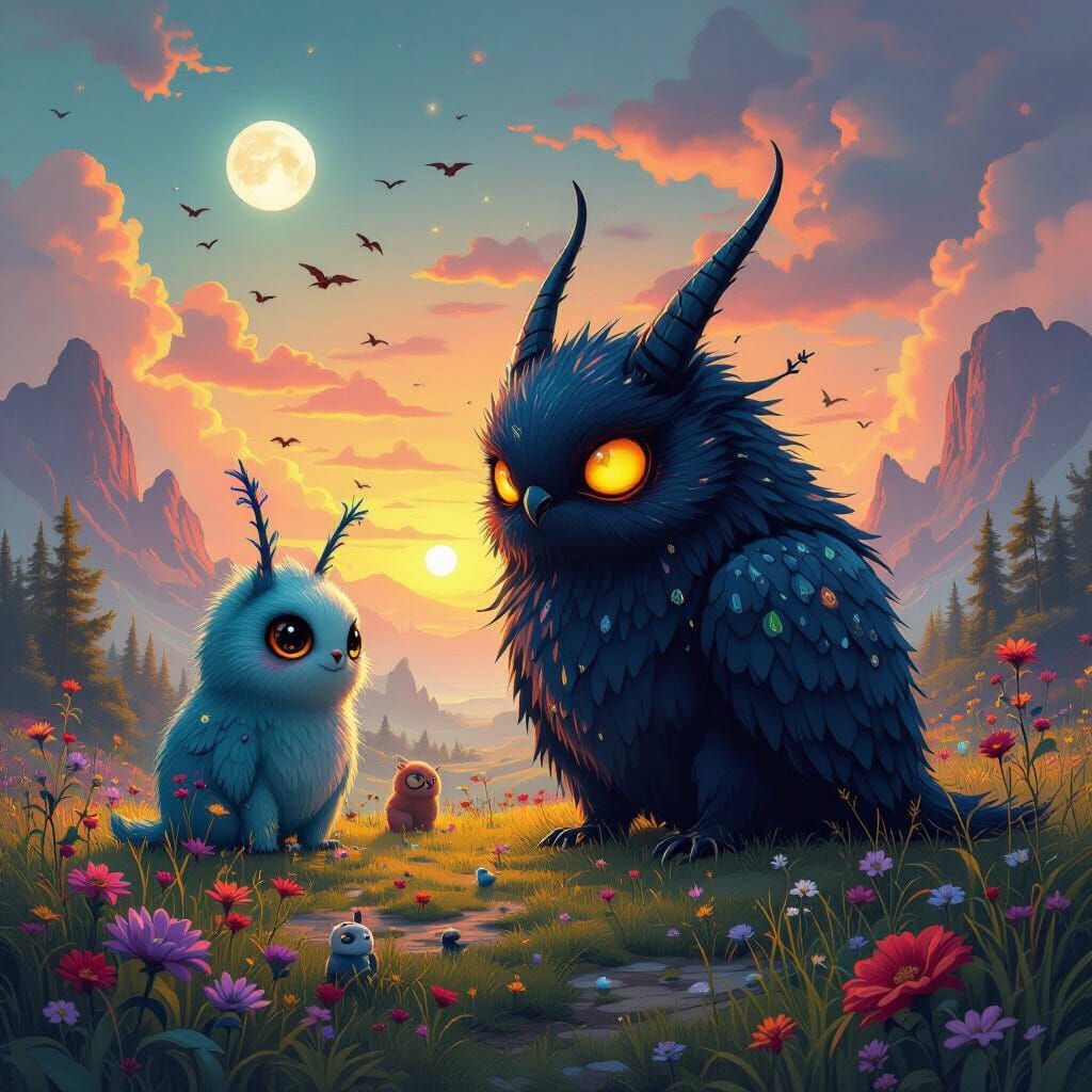 Dreamlike Dark Fantasy Creatures in Surreal Landscape