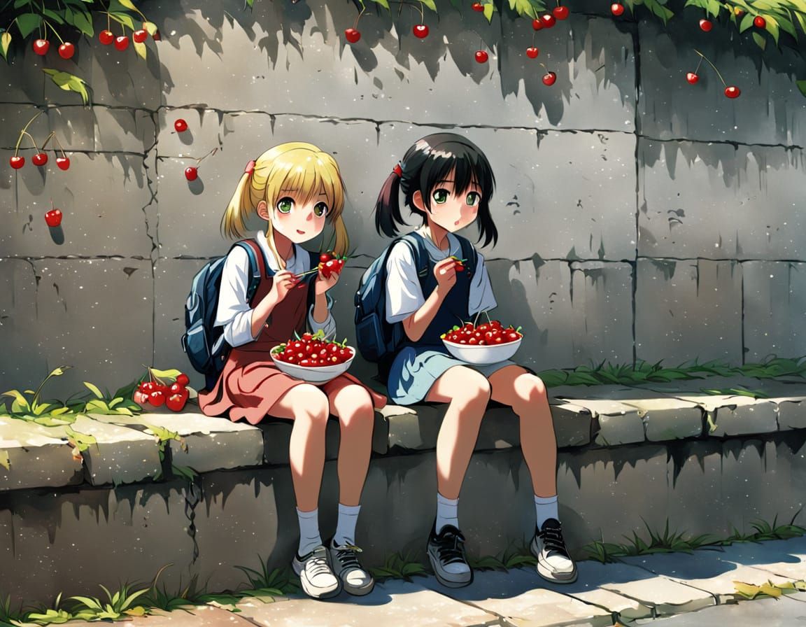 Cherry Eating Schoolgirls in Vibrant Anime Style