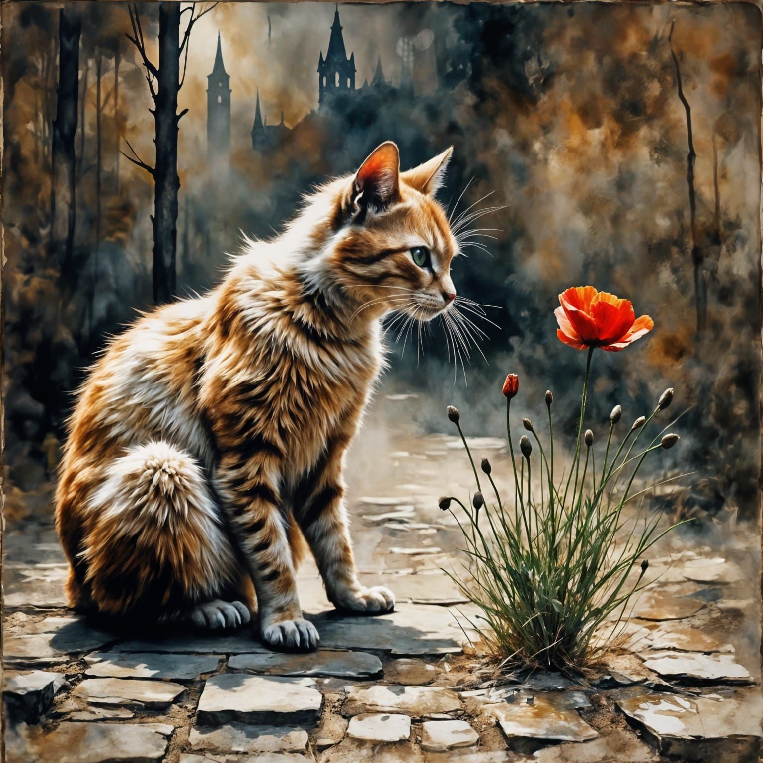 Orange Tabby Cat Gazes At Poppy Between Cobblestones