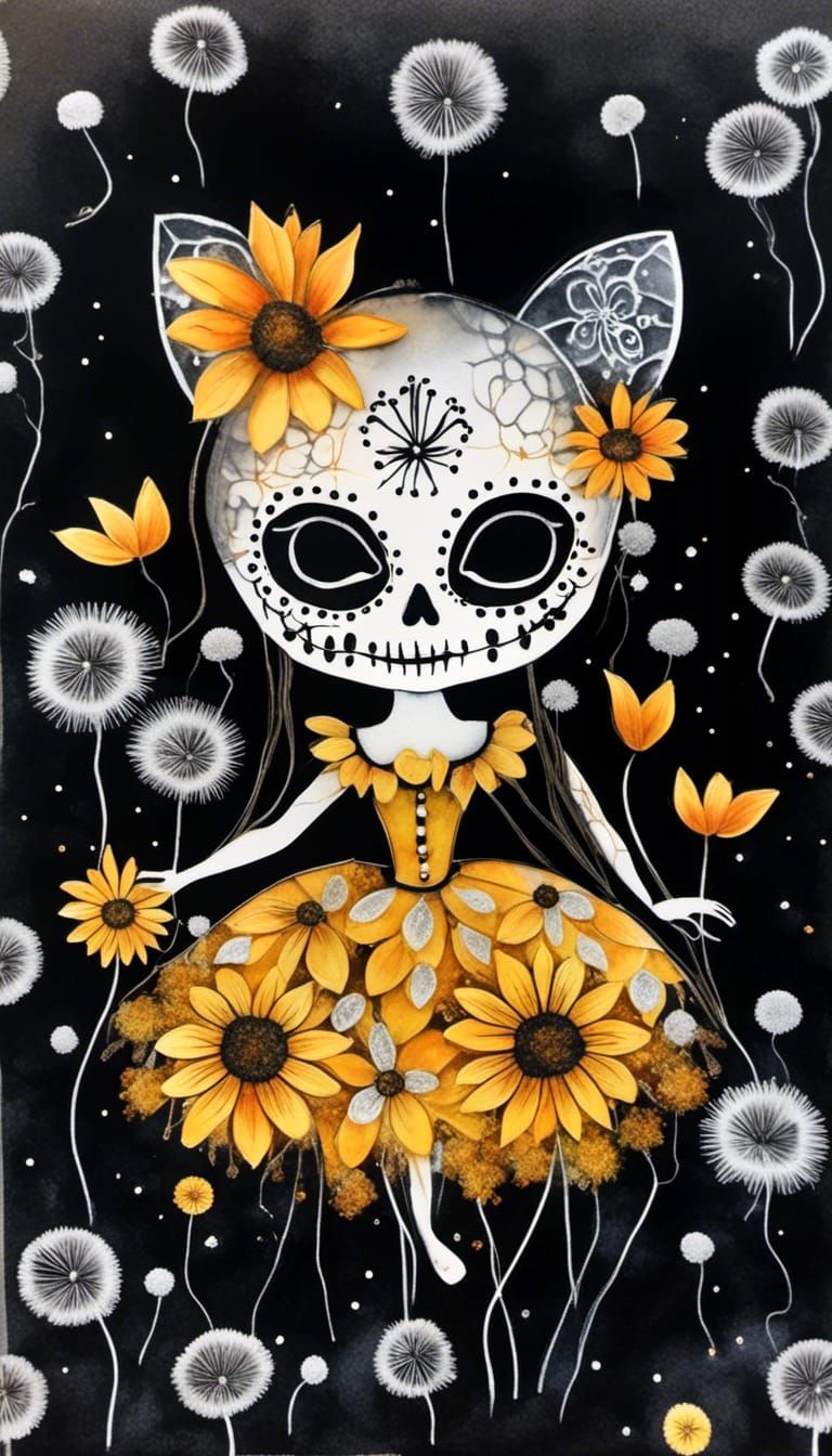 Sugar Skull Catrina with Dandelion Castle, Alcohol Inks
