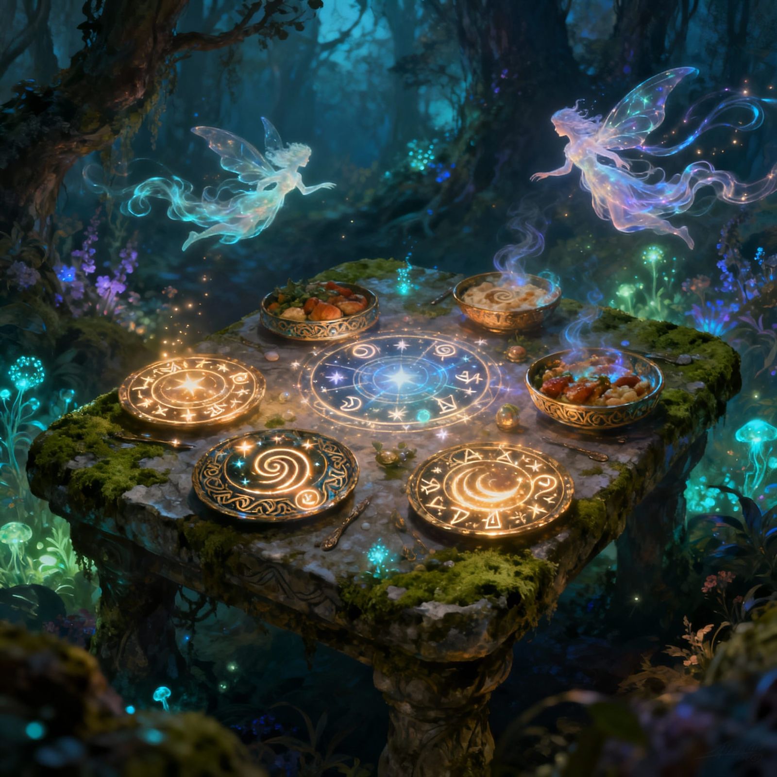 Enchanted Feast with Mystical Entities in Ethereal Forest