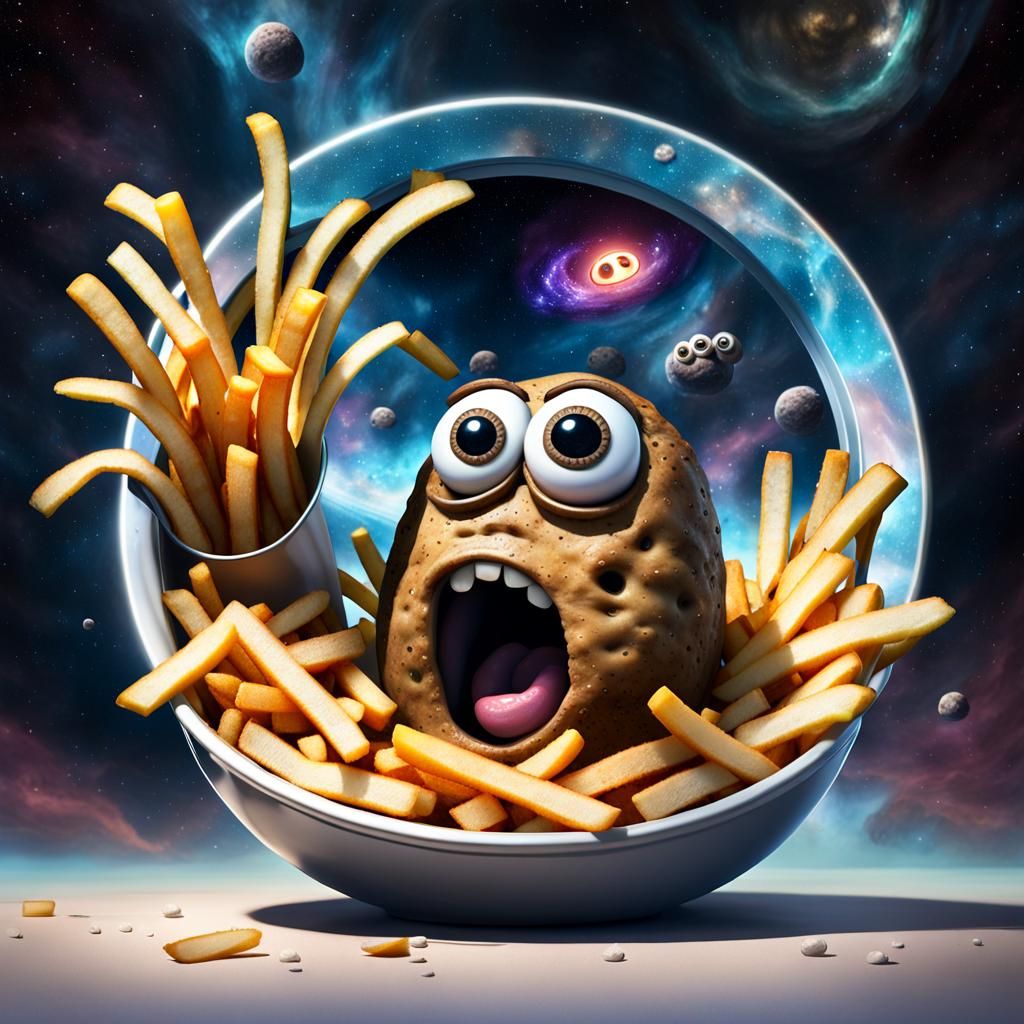 Terrified Space Potato and Fries: Pixar-Style 3D Art