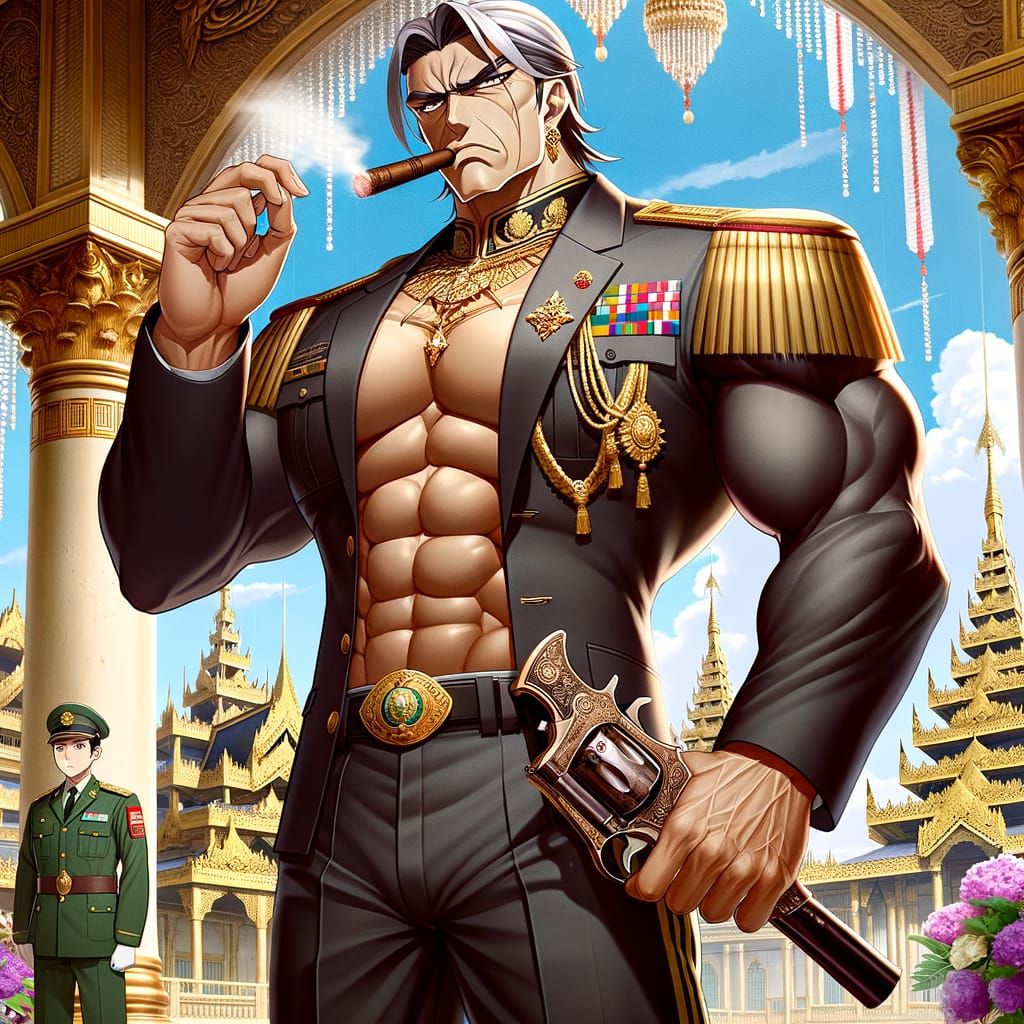 Anime Villain President in Myanmar Army Uniform with Cigar