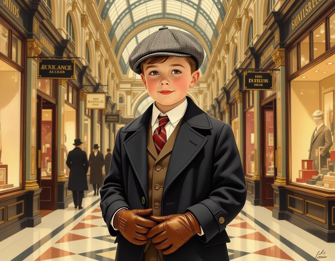 Elegant Boy at Burlington Arcade in Vintage Illustration Sty...