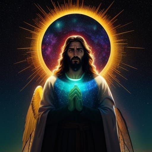 Jesus Blesses Fading Galaxy in Surreal Golden Hour
