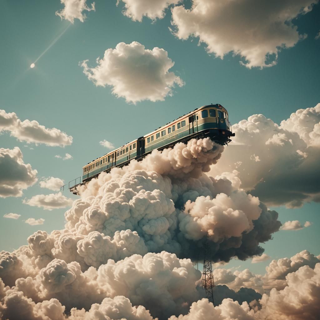 Vintage Train Soars on Clouds in a Dreamy Cinematic Scene