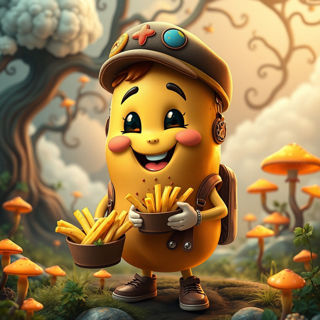 Smiling Potato Mascot Student in Fantasy World