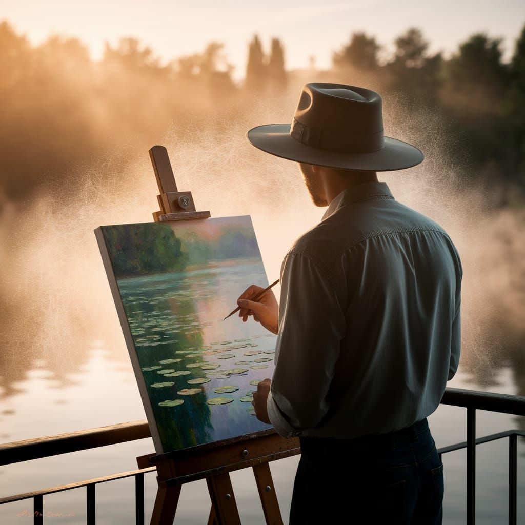 Man Painting Serene Lakeside Scene in Golden Morning Light