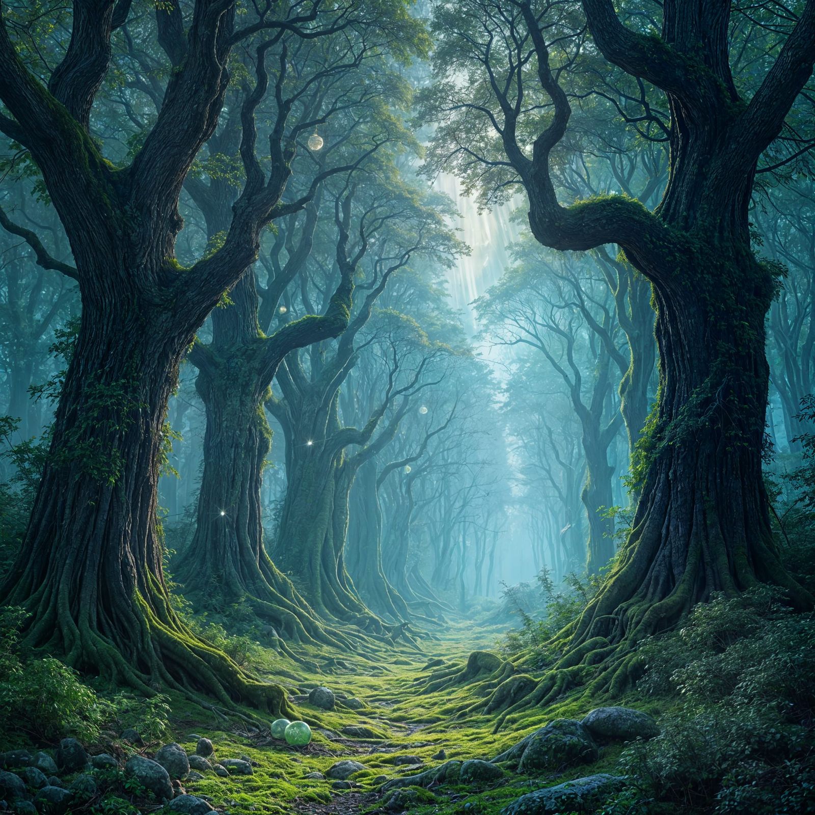 Mystical Forest With Crystal Trees And Glowing Orbs