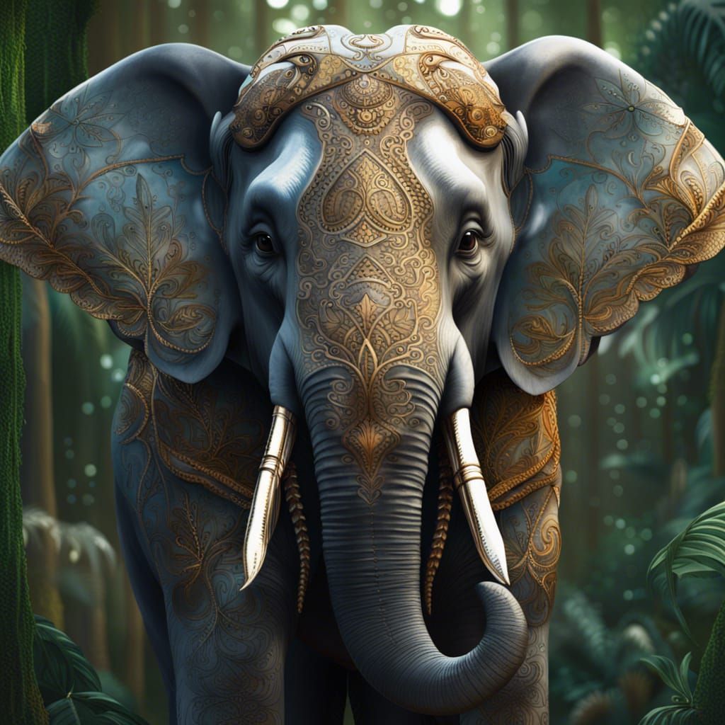 Ornate Jungle Elephant Portrait in Hyperrealism
