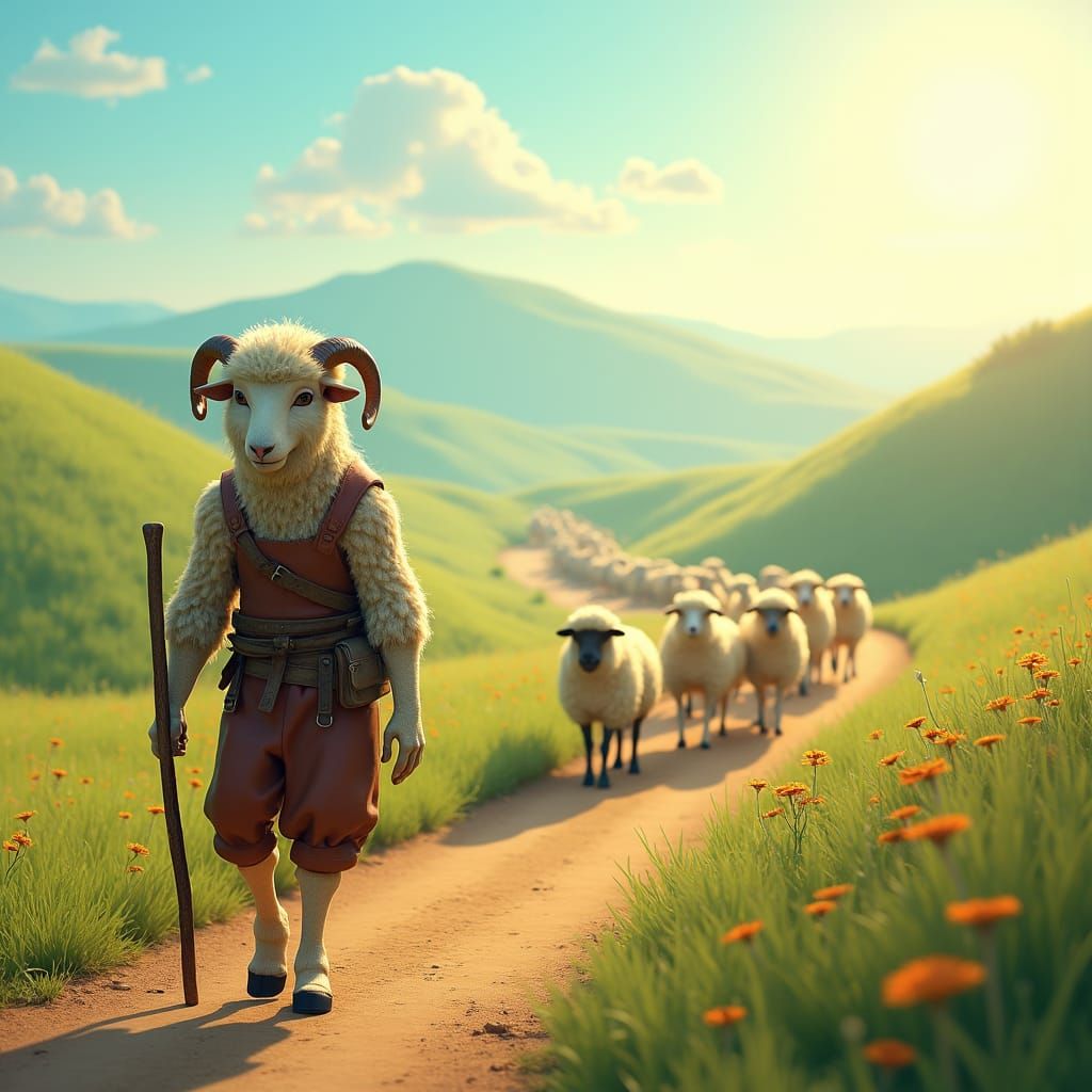 Sheep-Person Herd on Winding Path in 3D Style