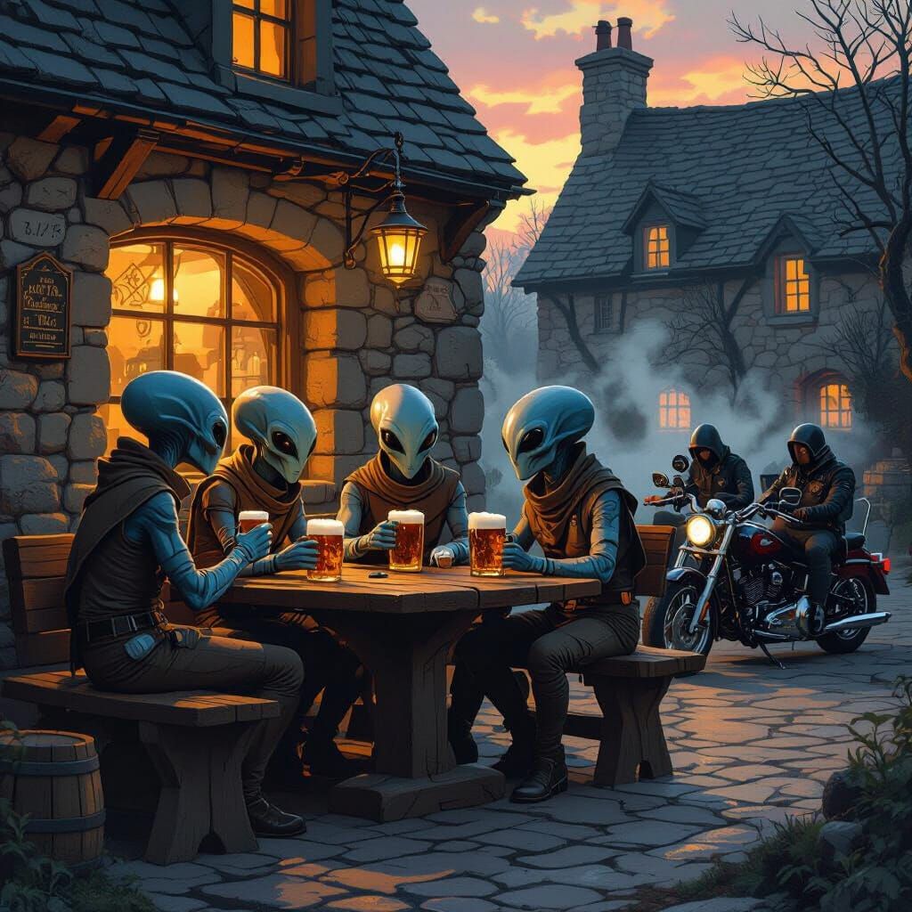 Grey Aliens Discuss World Events in Pub