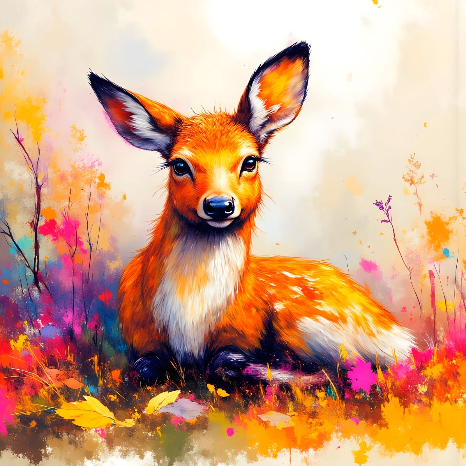 Fuzzy Fawn Portrait in Watercolor Dreamscape