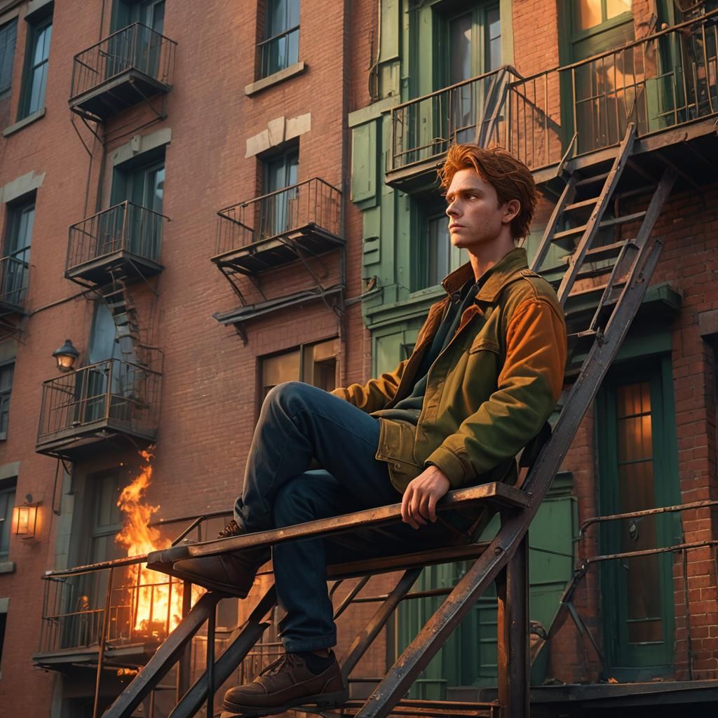 Fantasy Man on Fire Escape at Sunset