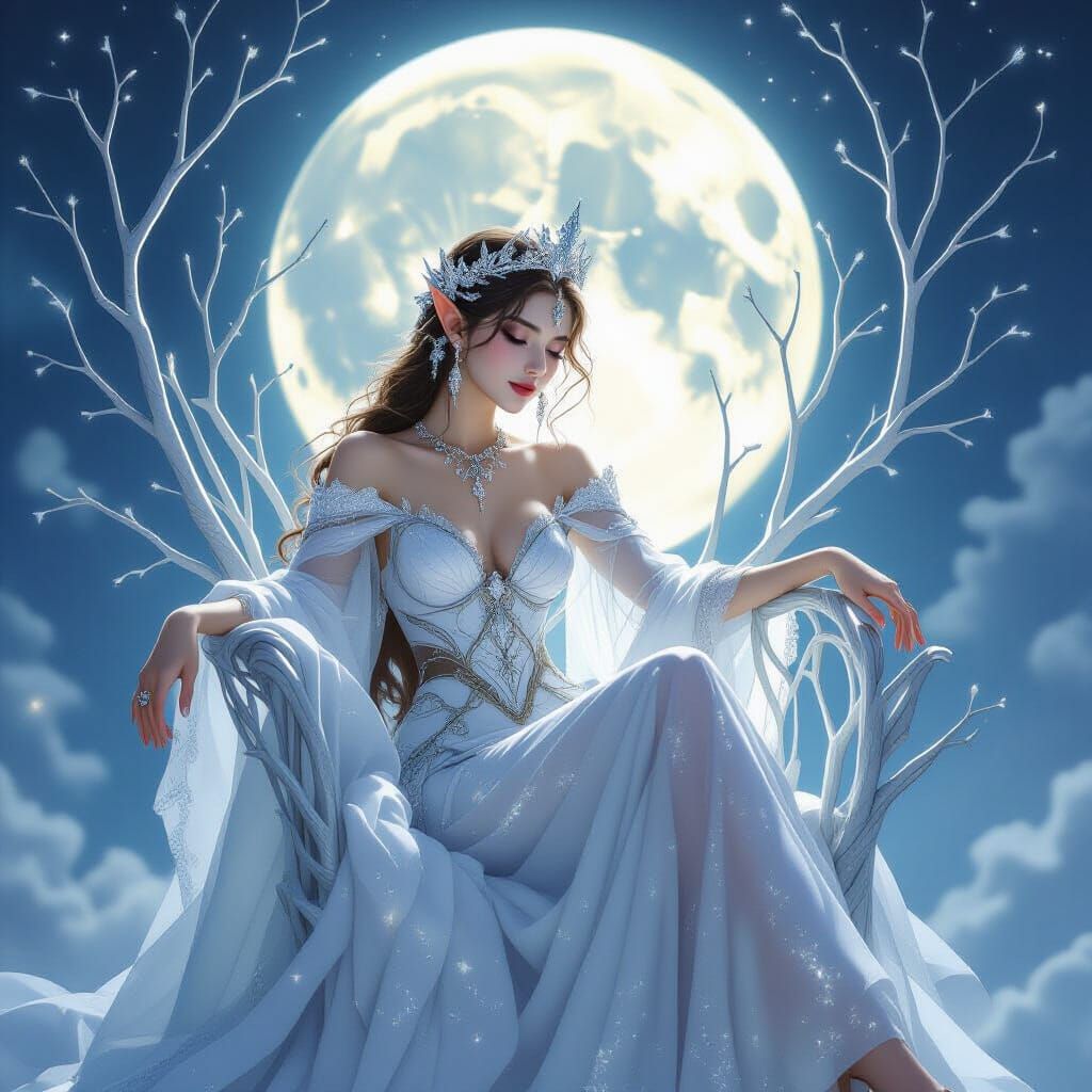 Fae Queen on Silver Throne Under Moon, Ethereal Art