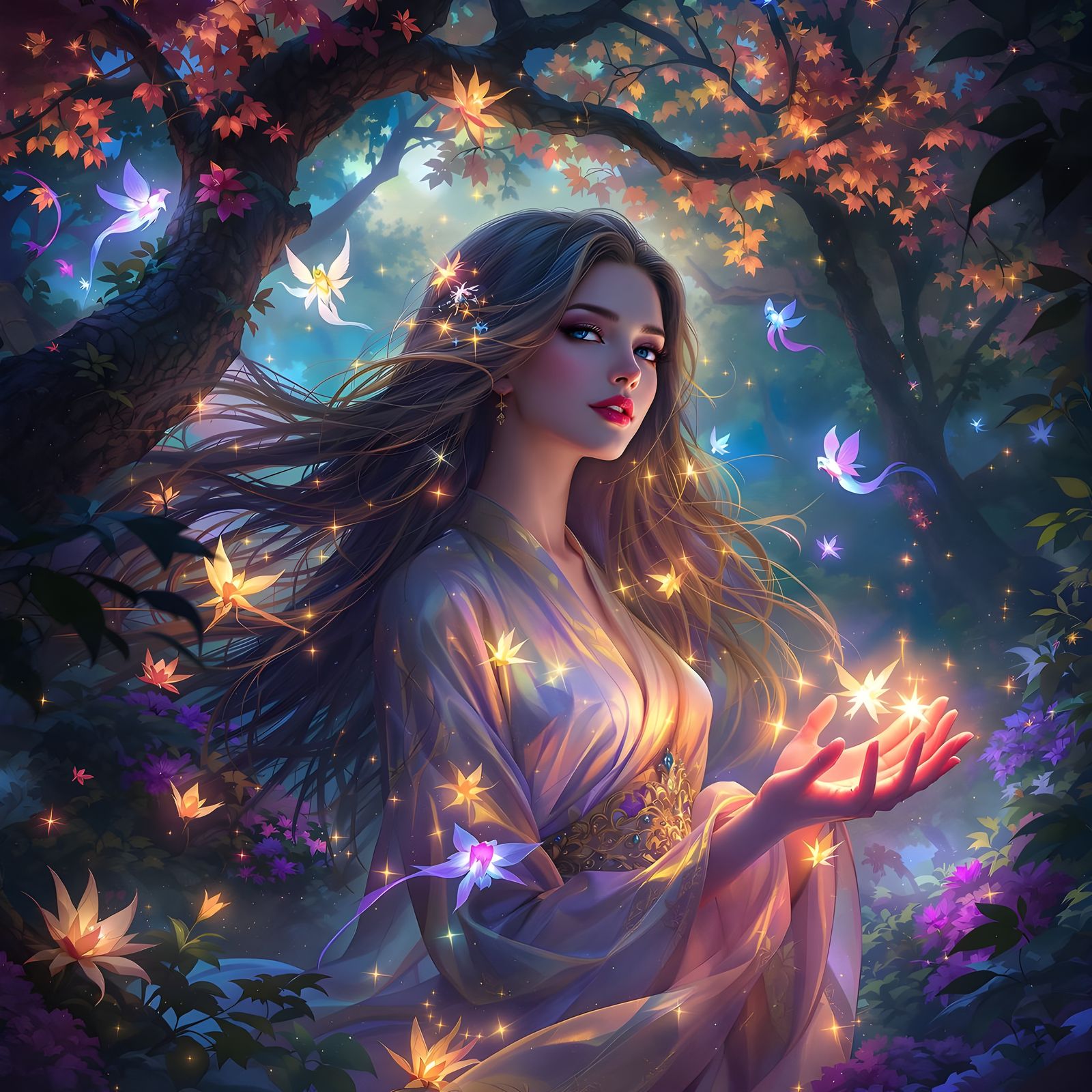 Ethereal Woman in Silk Robes in Enchanted Forest