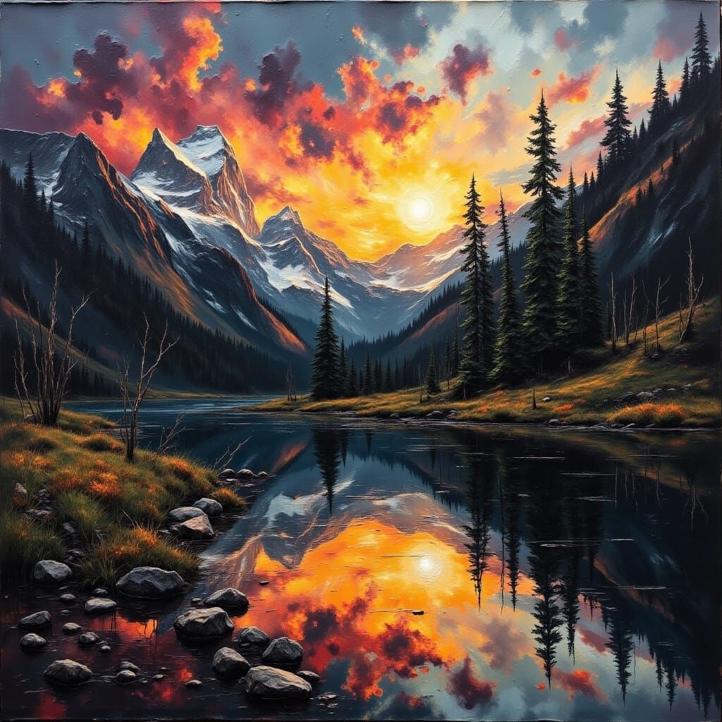 Mountain Sunset Oil Painting with Impasto Textures