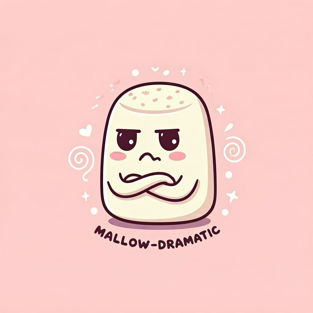 Minimalist doodle of a cute grumpy marshmallow with a cute grumpy face, in cute bubbly text "mallow-dramatic"