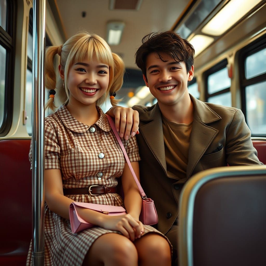 Woman and Man Share a Heartwarming Moment in a Cinematic Bus...