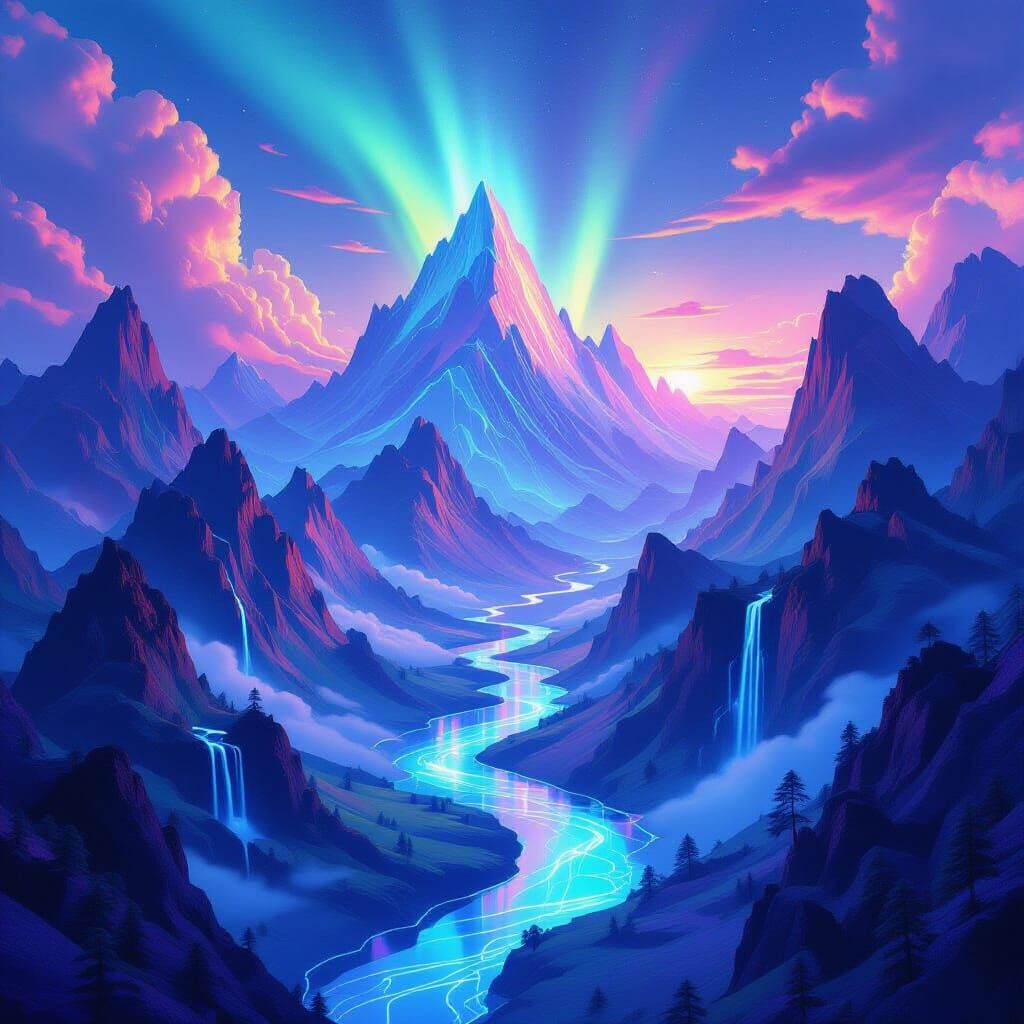 Geometric Mountain Mirage with Neon Gradients
