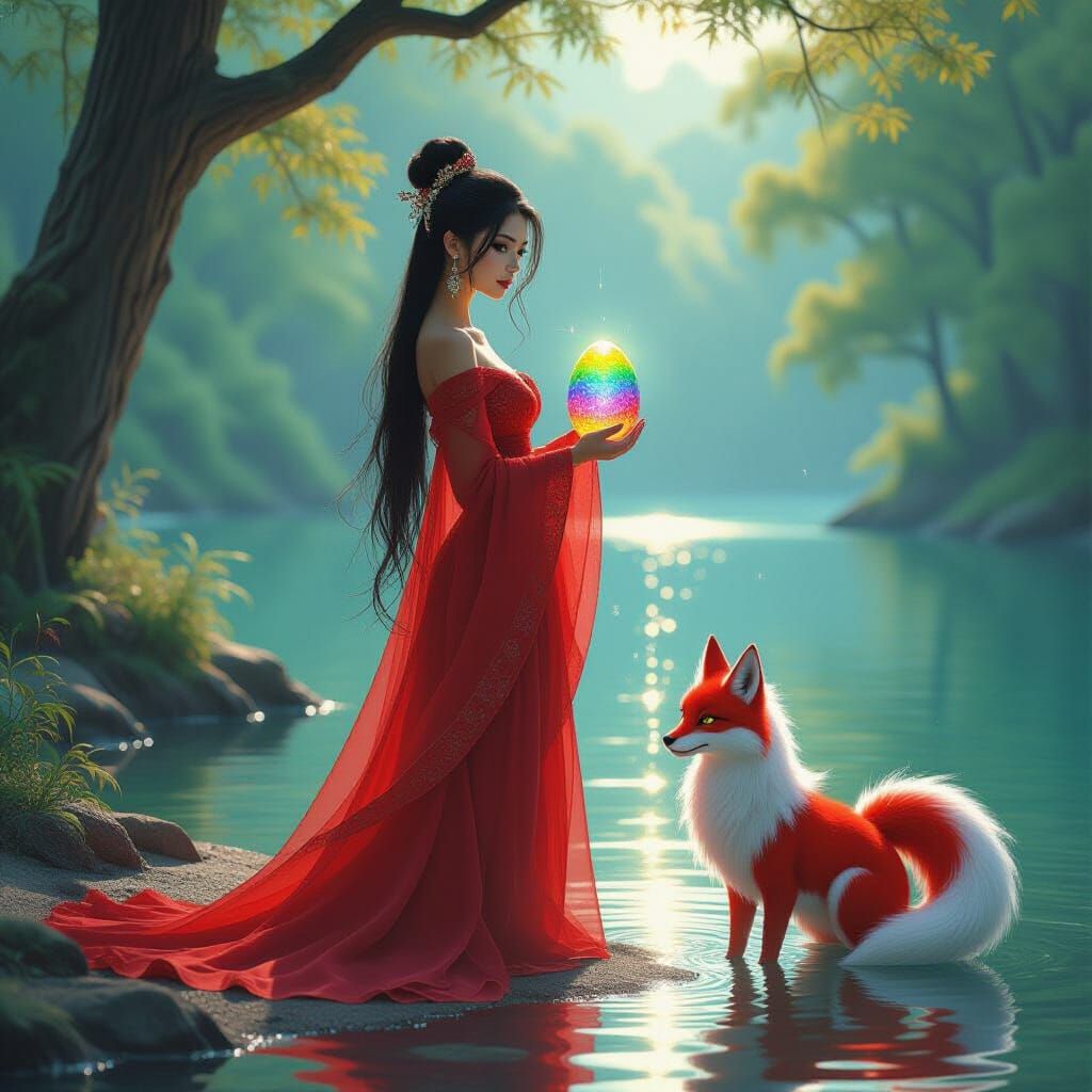 Woman with Kitsune and Dragon Egg by Magical Forest