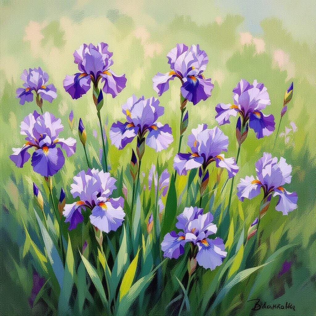 Purple Irises in Meadow: Impressionist Style