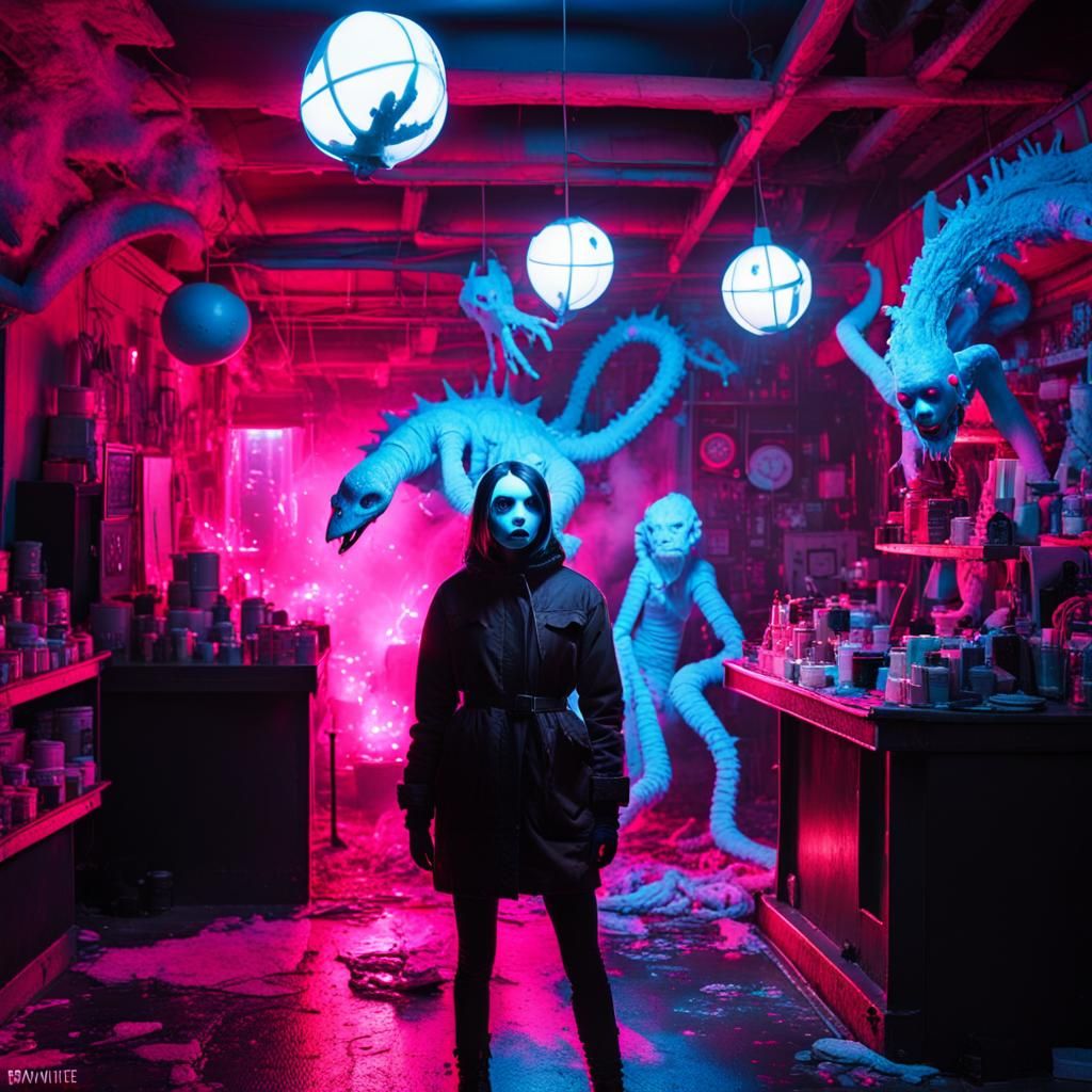 Cyberpunk Goth Model with Monsters and Neon