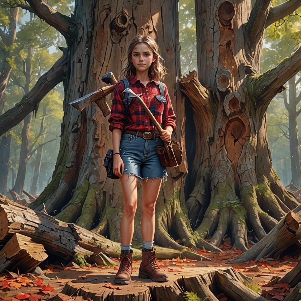 Girl with Axe in Forest: Detailed Matte Painting