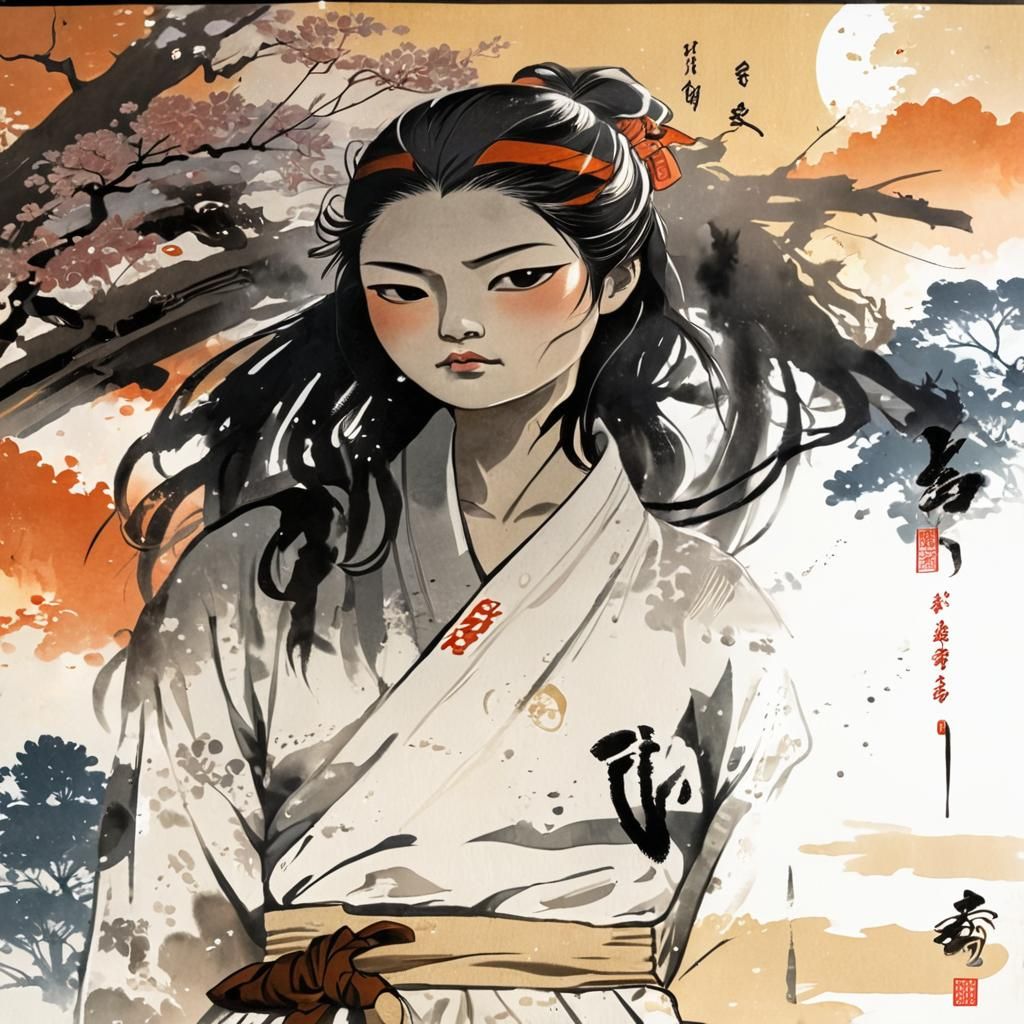 Female Ninja in Misty Garden: Ukiyo-e Style Portrait