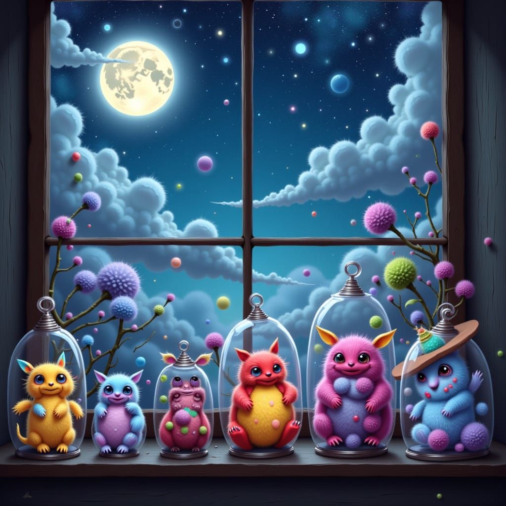 Pastel Monsters in Glass Jars Under Starry Night Sky