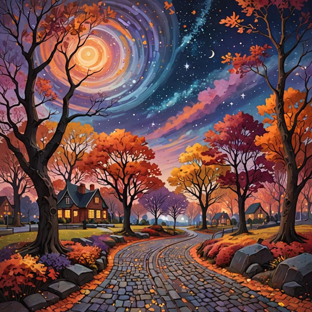Vibrant Autumnal Landscape with Galaxy Sky