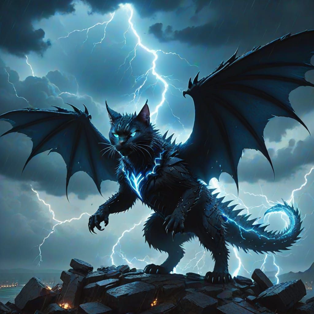 Epic Cyberpunk Dragon Cat in Swirling Stormy Skies