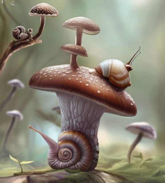 Cute Snail on Mushroom: Hyper-Realistic Digital Illustration