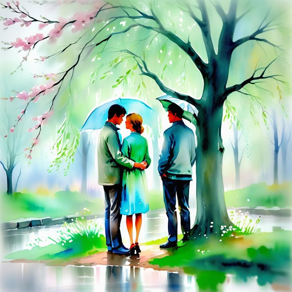 Impressionist Watercolor: Couple in Spring Rain