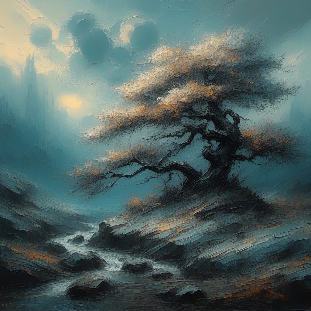 Glowing Moons Above Beautiful Tree in Surrealist Art