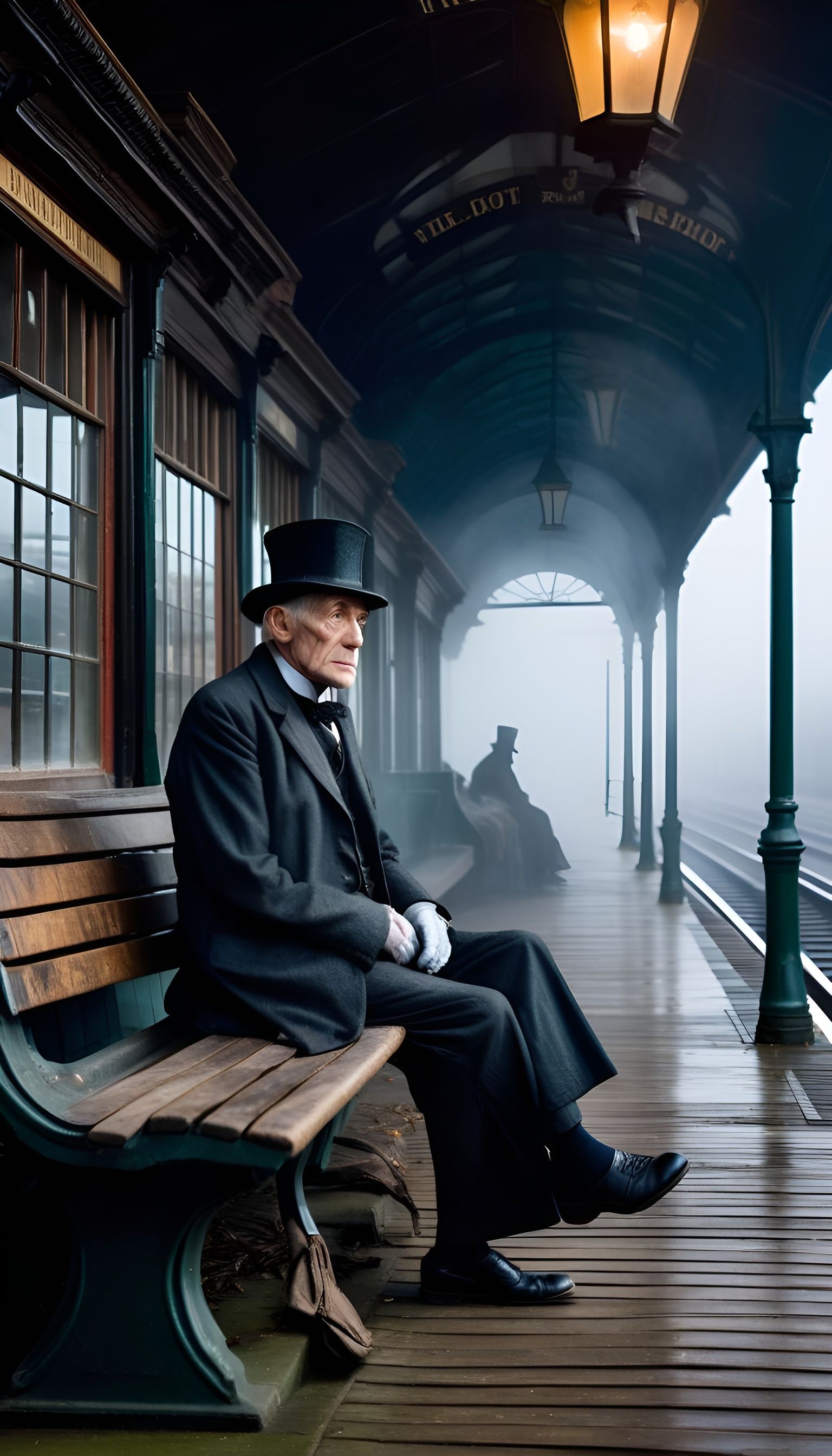 Ghostly Victorian Man Awaits Train on Empty Platform