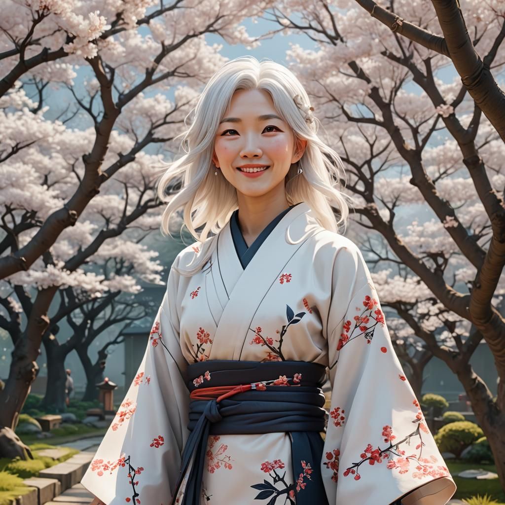 White-Haired Woman Smiling in Garden: 3D Anime Art