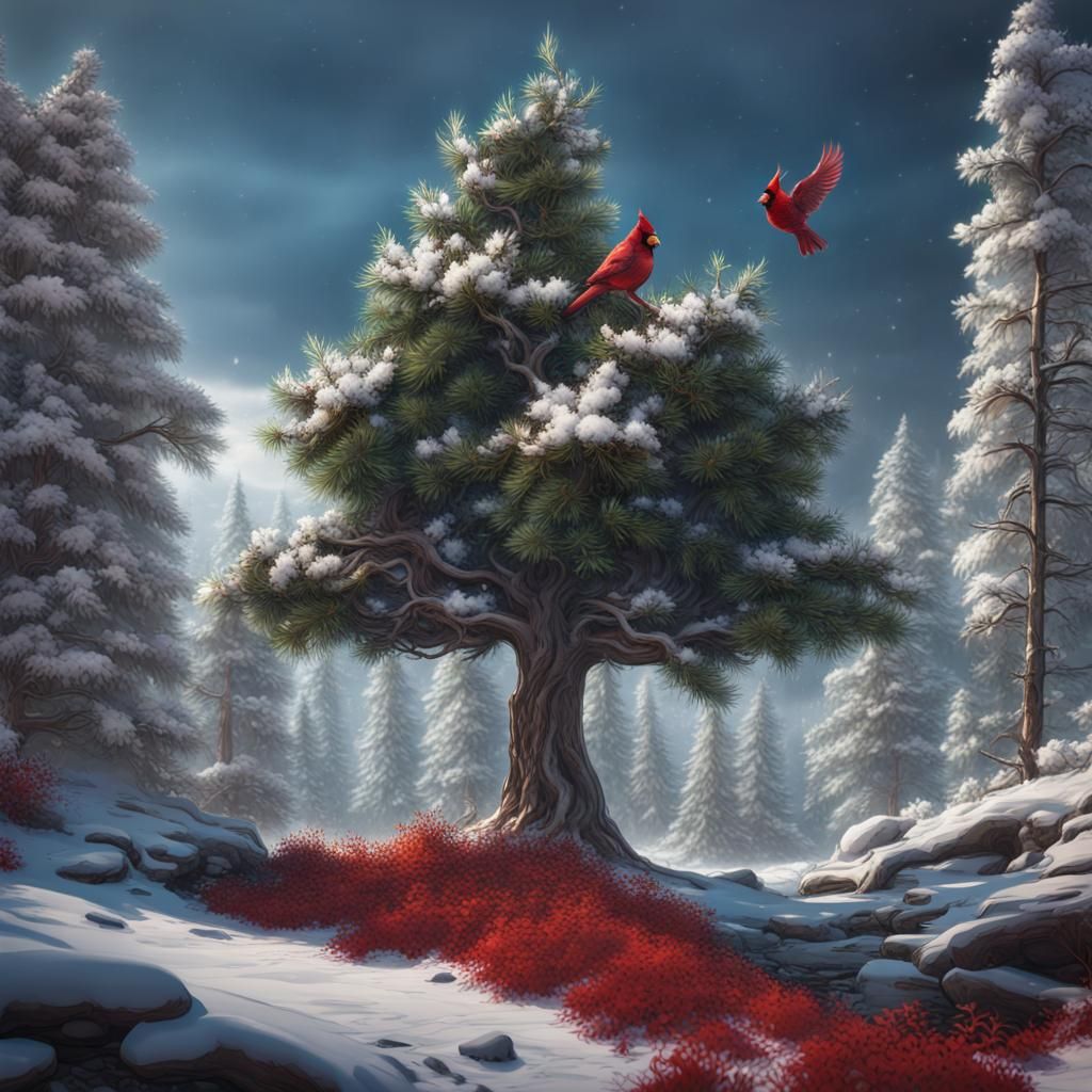 Snowy Pine Forest with Cardinals, Detailed Matte Painting