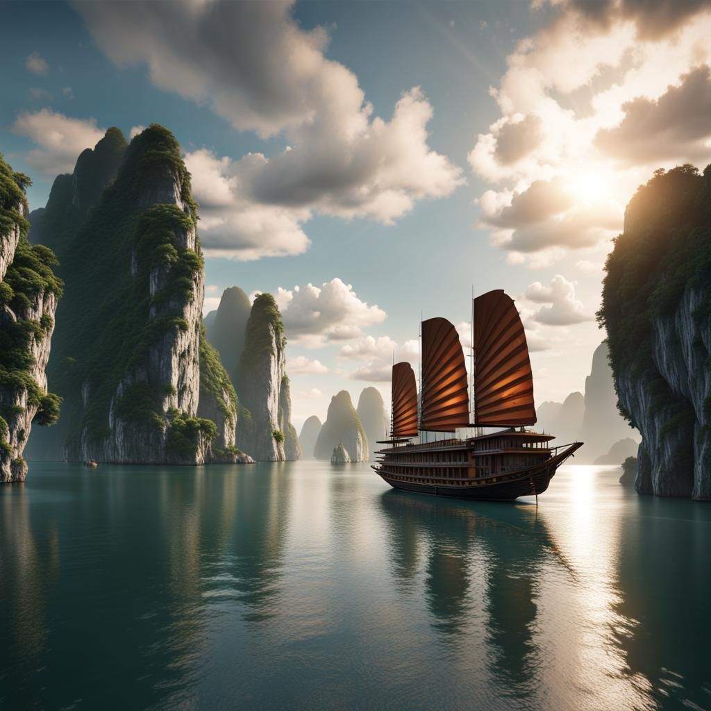 Ha Long Bay: Detailed Matte Painting in Deep Color
