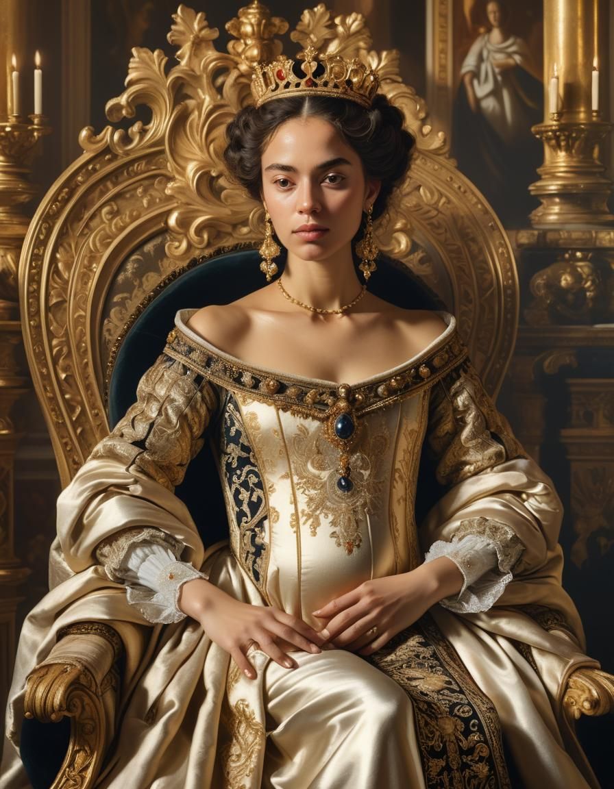 Pregnant Queen on Throne in Baroque Portrait