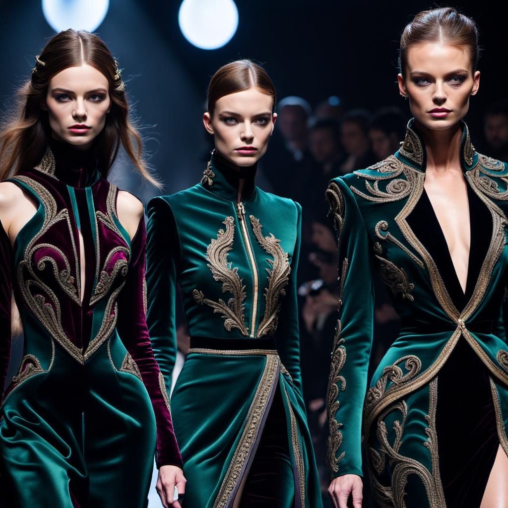 Futuristic Silk and Velvet Costume on Catwalk