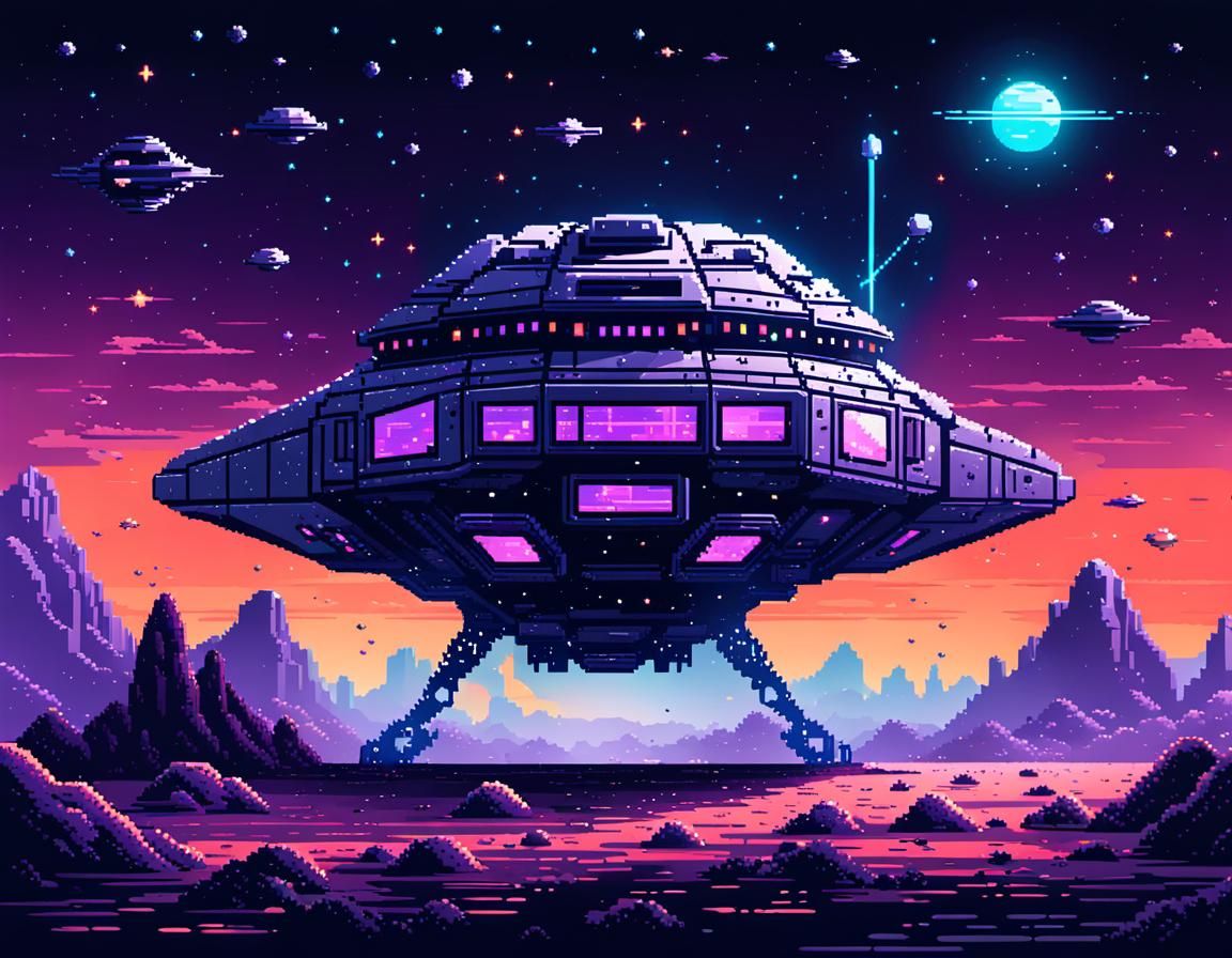 Dystopian Sci-fi Pixel Art Spaceship Landing