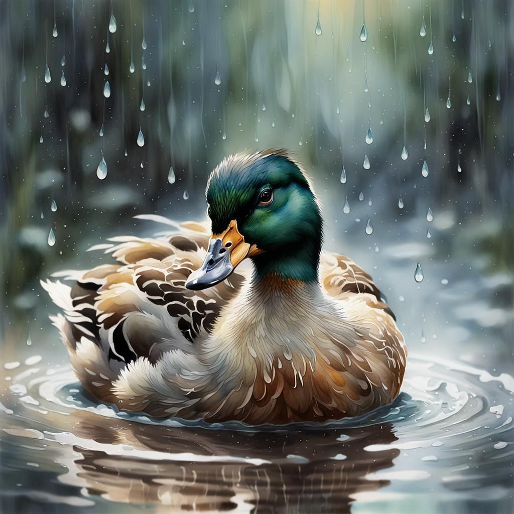 Duck Bathing in Rain: Watercolor Splatter Art