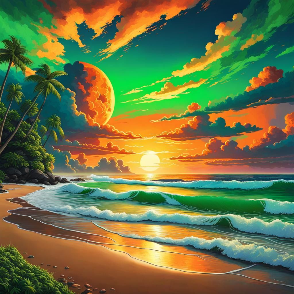 Orange and Green Beach Sunset: Digital Matte Painting
