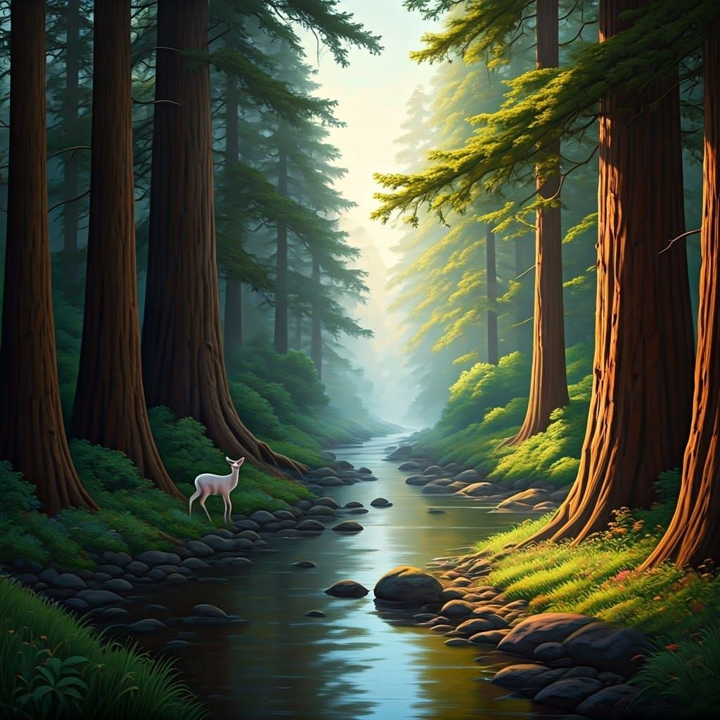 Peaceful Forest Scene with White Hind Approaching Crystal Cl...