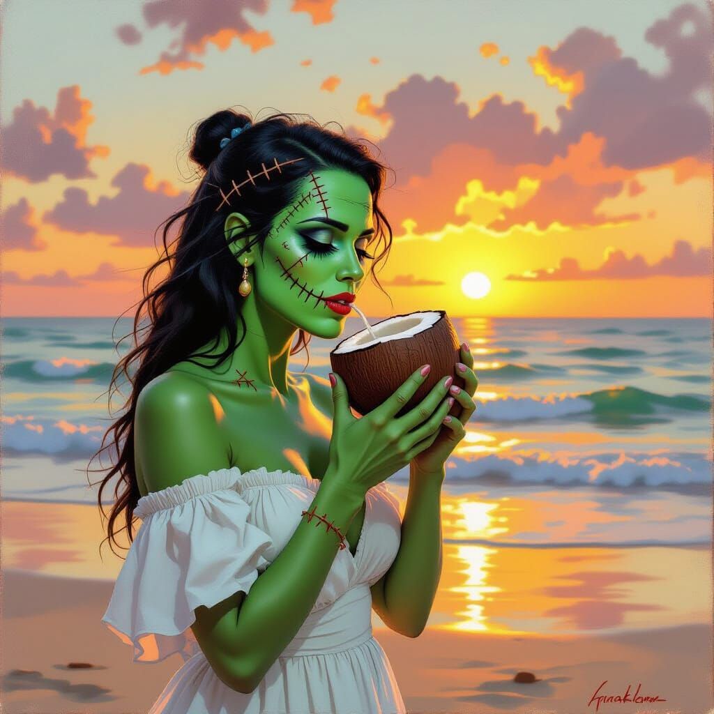 Frankenstein Woman Sips Coconut on Beach at Sunset