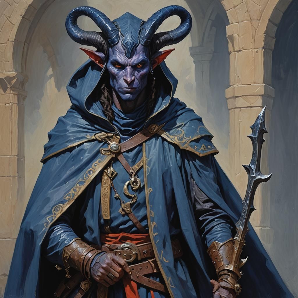 Blue Tiefling Warlock in Oil Painting Style