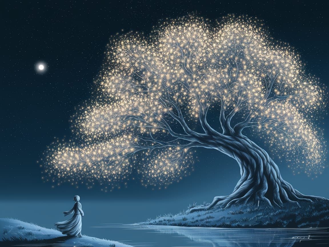 Mystical Tree of Wonder in a Starry Night Sky