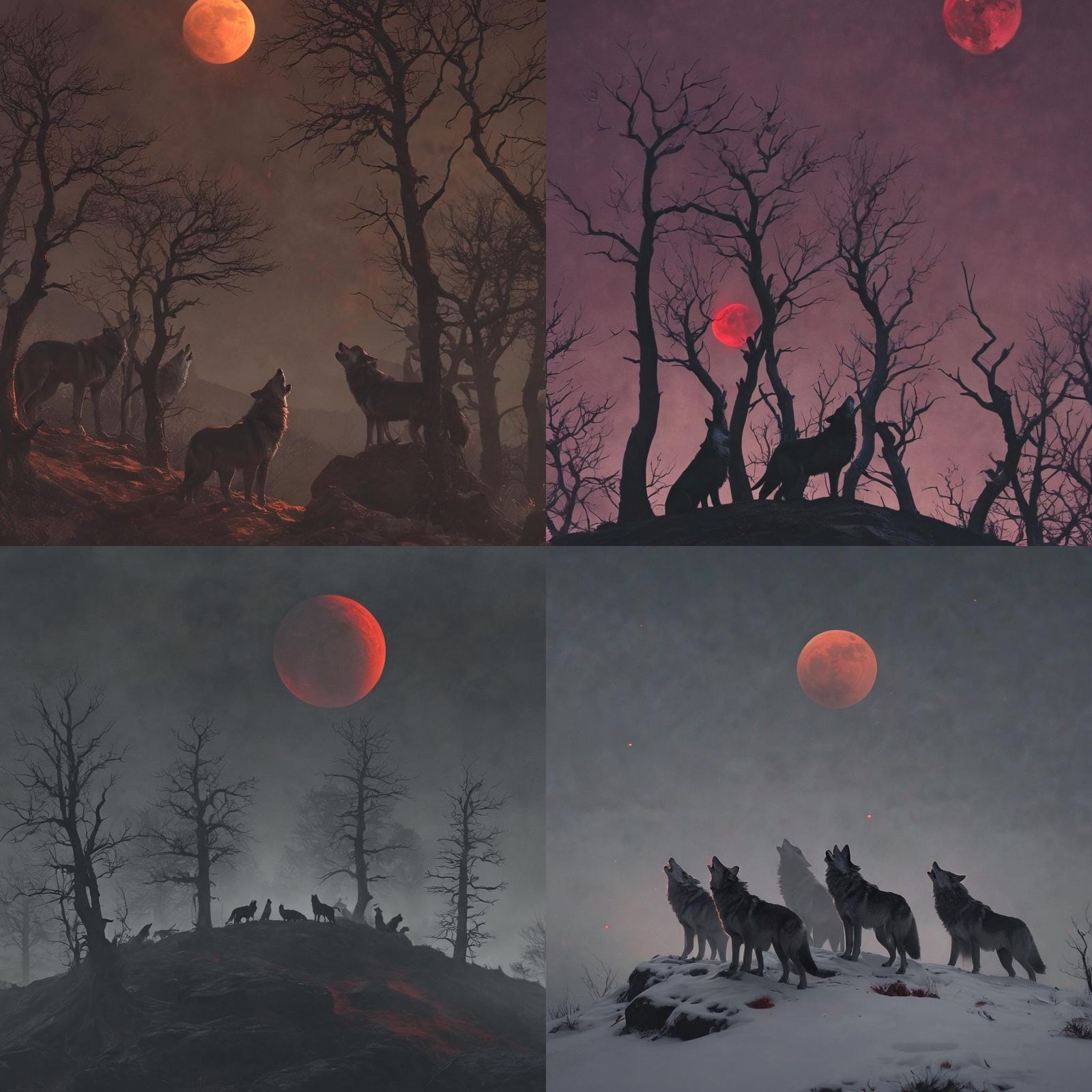 Wolves Howling at Blood Moon in Horror Style