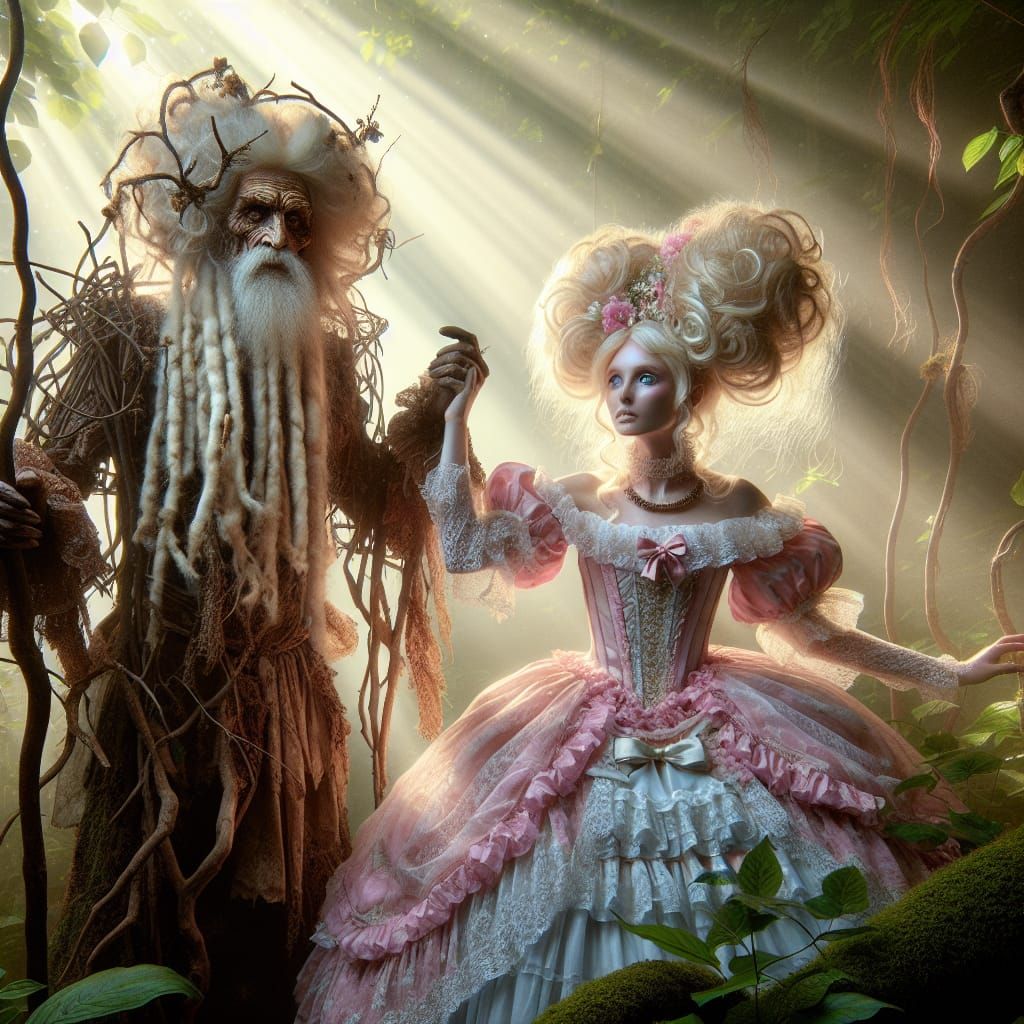 Whimsical Deity Abducts Blonde Princess in Enchanted Forest